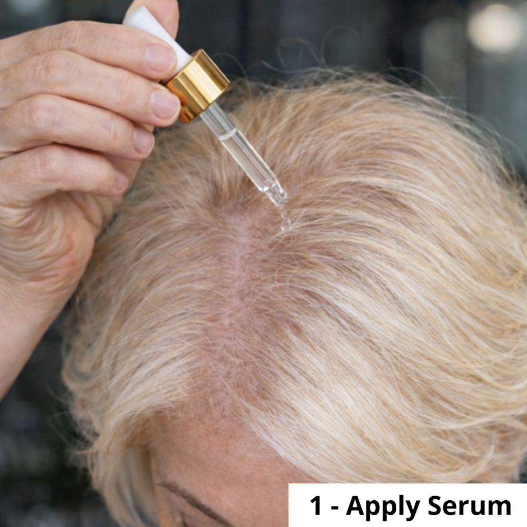 Applying hair growth serum directly to scalp using dropper for thinning hair treatment