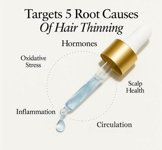 Hair serum targeting root causes of thinning hair including hormones, scalp health, and circulation